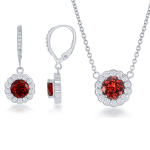 Sterling Silver Birthstone w/ CZ Border Round Necklace and Earrings Set
